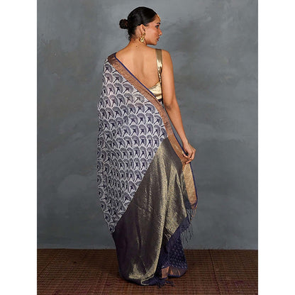 Chidiyaa Prabha Blue with White Handblock Linen Saree with Unstitched Blouse