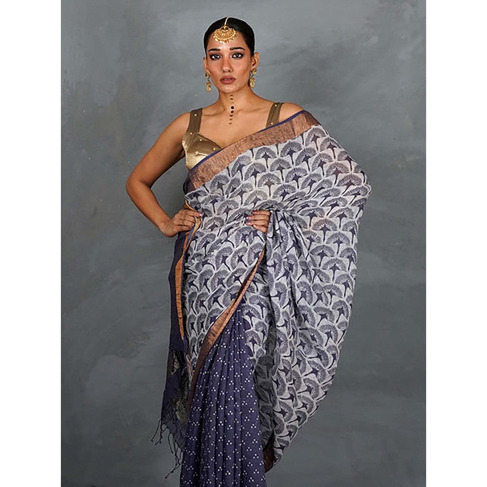 Chidiyaa Prabha Blue with White Handblock Linen Saree with Unstitched Blouse