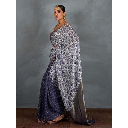 Chidiyaa Prabha Blue with White Handblock Linen Saree with Unstitched Blouse