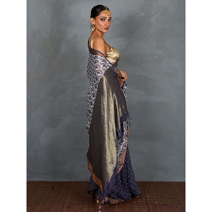 Chidiyaa Prabha Blue with White Handblock Linen Saree with Unstitched Blouse