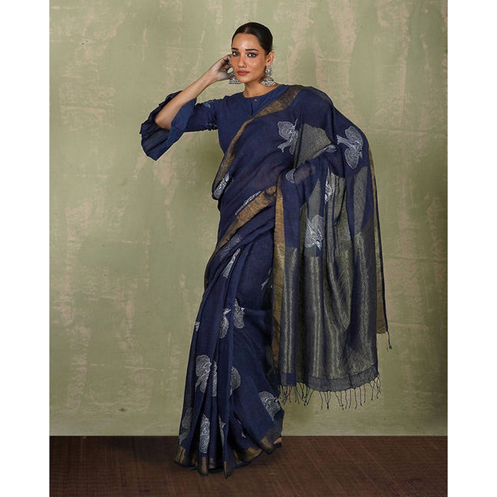 Chidiyaa Rasiya Blue Hand Block Print Linen Saree with Unstitched Blouse