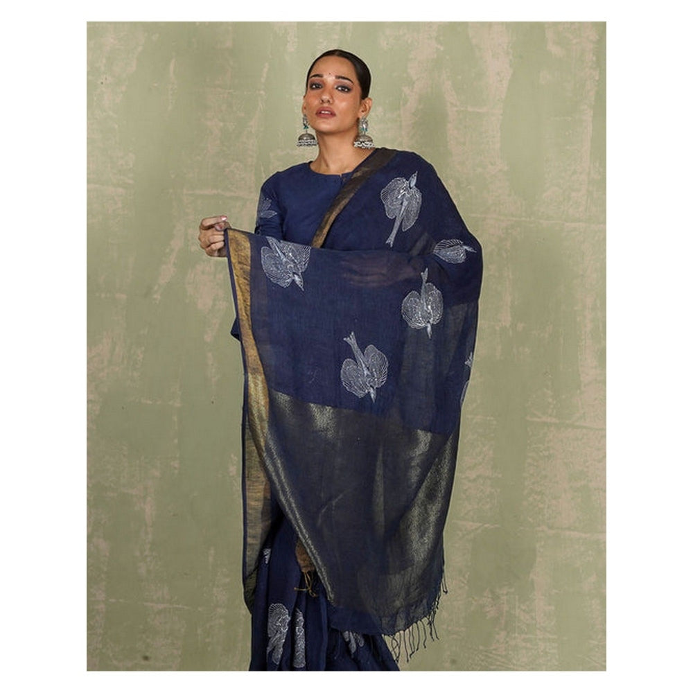 Chidiyaa Rasiya Blue Hand Block Print Linen Saree with Unstitched Blouse