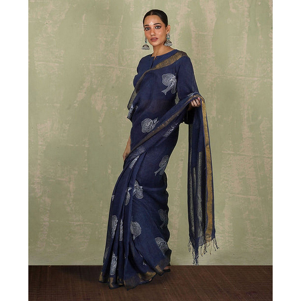 Chidiyaa Rasiya Blue Hand Block Print Linen Saree with Unstitched Blouse
