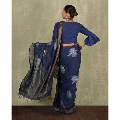 Chidiyaa Rasiya Blue Hand Block Print Linen Saree with Unstitched Blouse