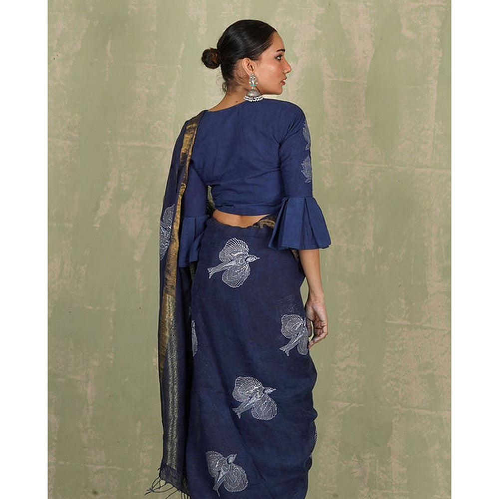 Chidiyaa Rasiya Blue Hand Block Print Linen Saree with Unstitched Blouse