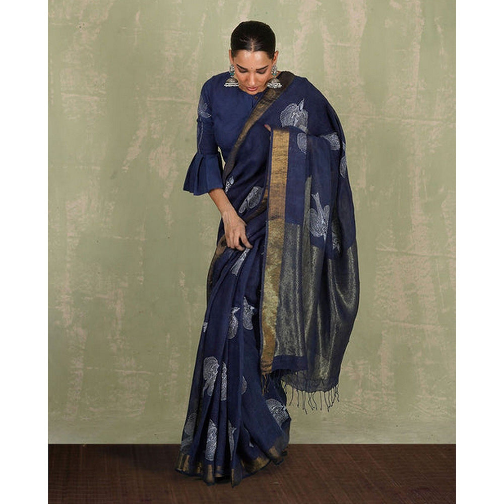 Chidiyaa Rasiya Blue Hand Block Print Linen Saree with Unstitched Blouse