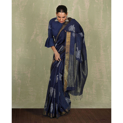 Chidiyaa Rasiya Blue Hand Block Print Linen Saree with Unstitched Blouse