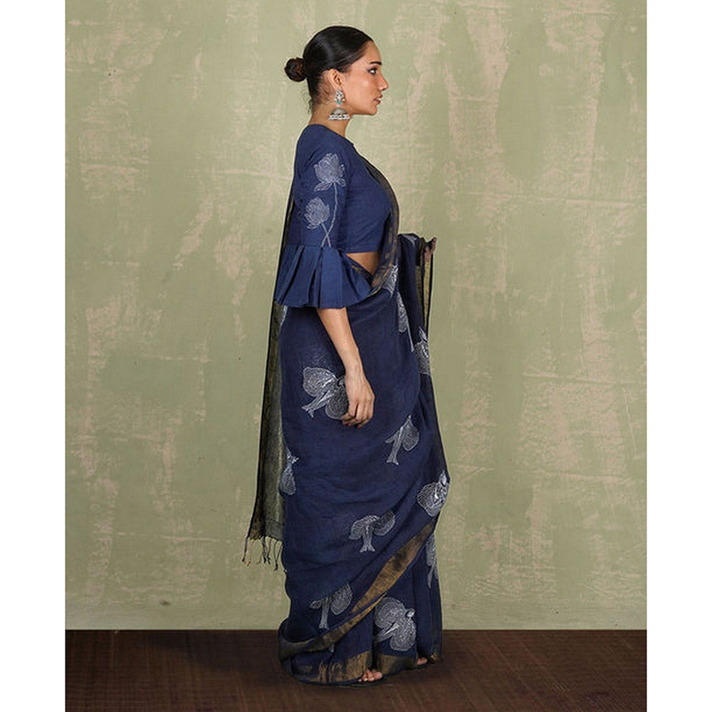 Chidiyaa Rasiya Blue Hand Block Print Linen Saree with Unstitched Blouse