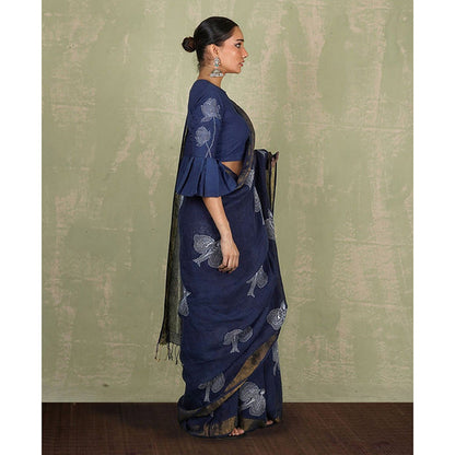 Chidiyaa Rasiya Blue Hand Block Print Linen Saree with Unstitched Blouse