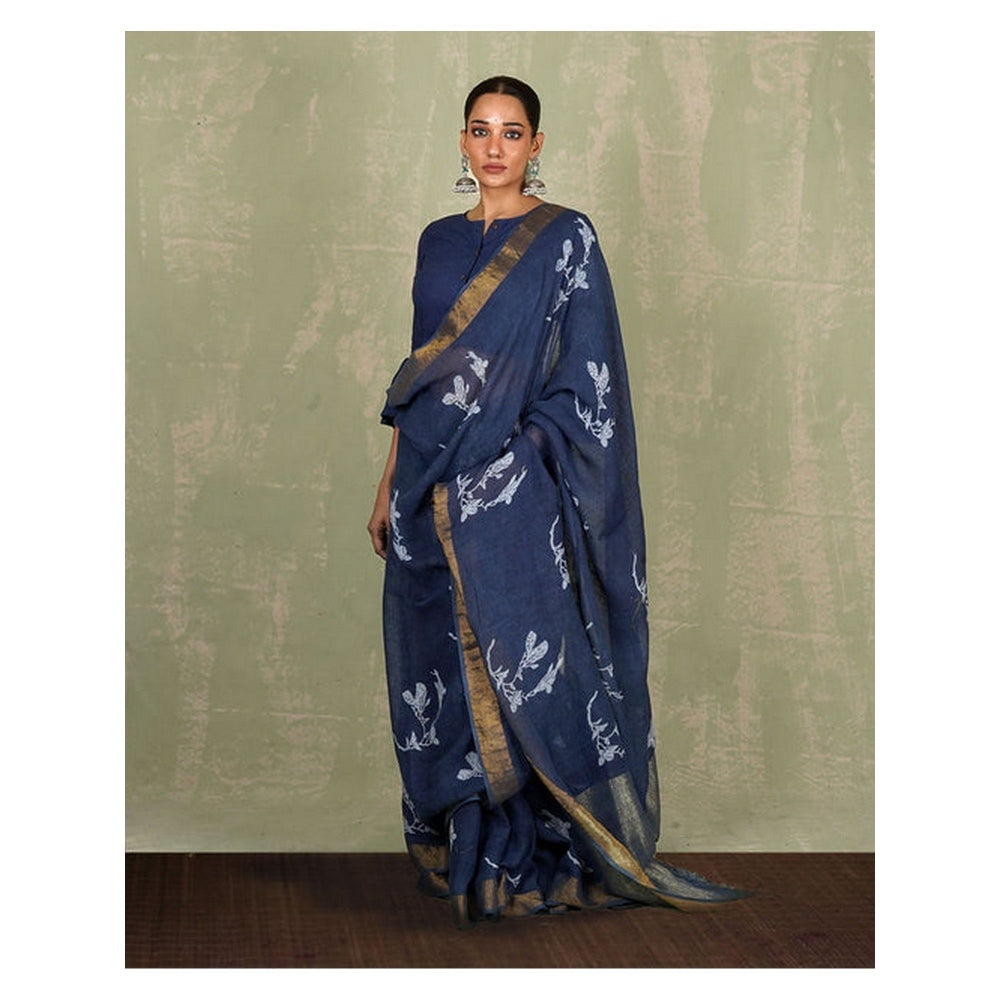 Chidiyaa Purva Blue Hand Block Print Linen Saree with Unstitched Blouse