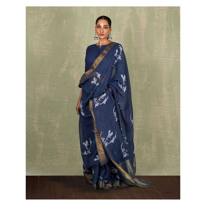 Chidiyaa Purva Blue Hand Block Print Linen Saree with Unstitched Blouse