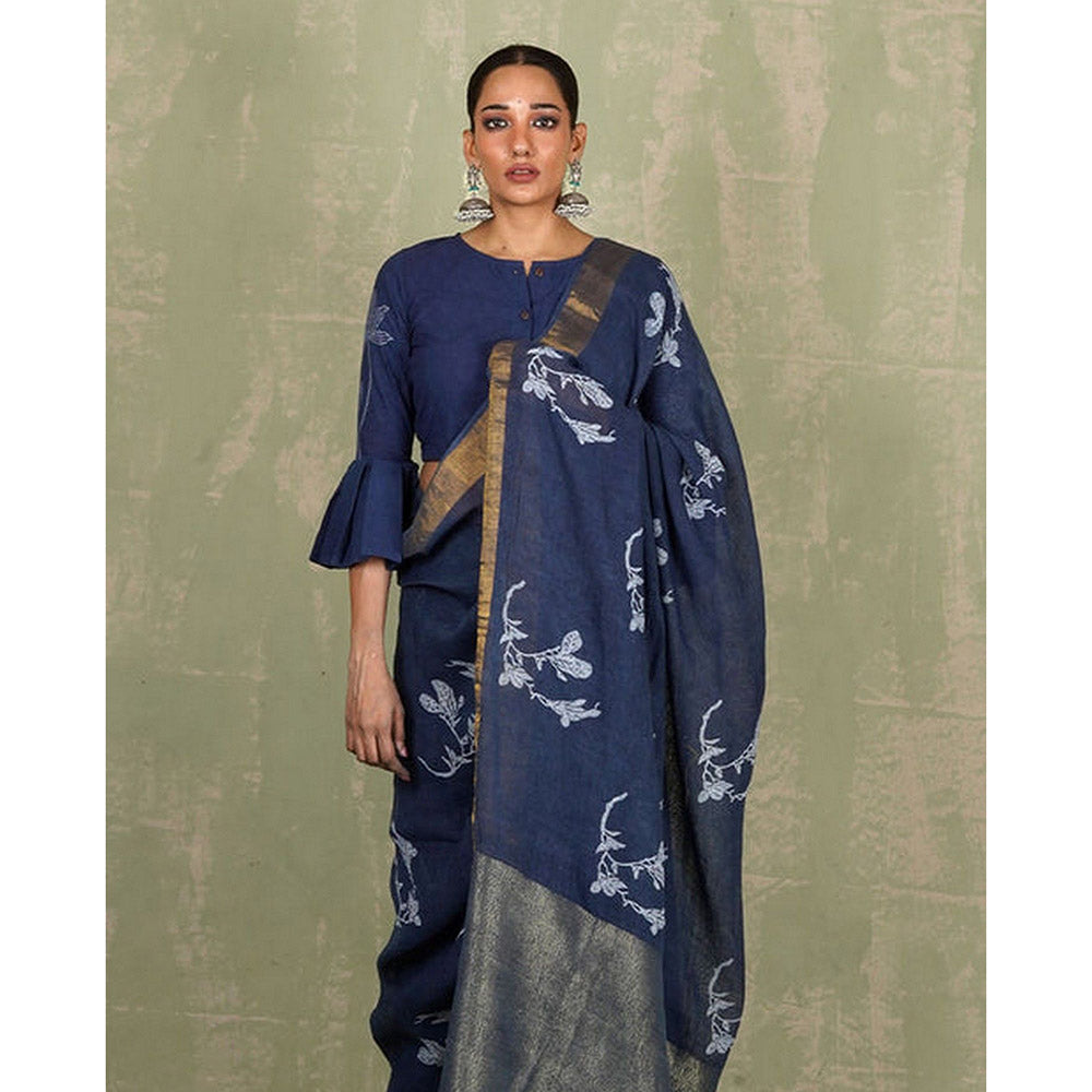 Chidiyaa Purva Blue Hand Block Print Linen Saree with Unstitched Blouse