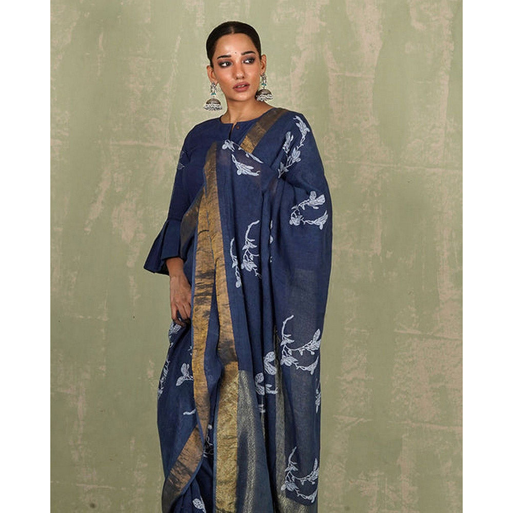 Chidiyaa Purva Blue Hand Block Print Linen Saree with Unstitched Blouse