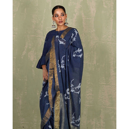 Chidiyaa Purva Blue Hand Block Print Linen Saree with Unstitched Blouse