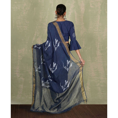 Chidiyaa Purva Blue Hand Block Print Linen Saree with Unstitched Blouse