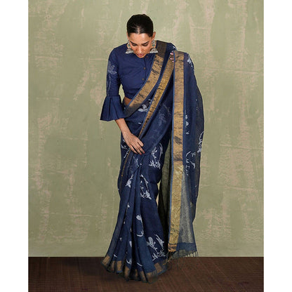 Chidiyaa Purva Blue Hand Block Print Linen Saree with Unstitched Blouse