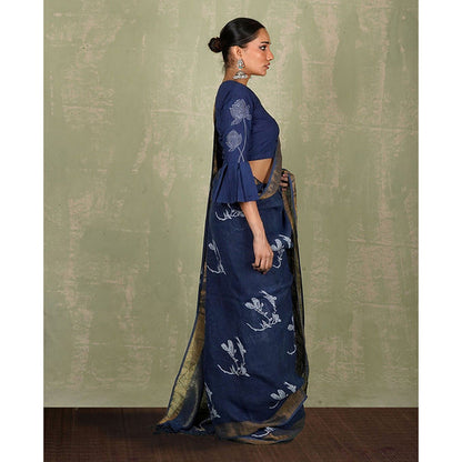 Chidiyaa Purva Blue Hand Block Print Linen Saree with Unstitched Blouse