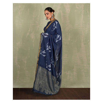 Chidiyaa Purva Blue Hand Block Print Linen Saree with Unstitched Blouse