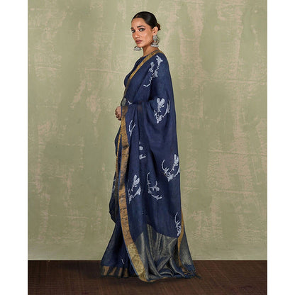 Chidiyaa Purva Blue Hand Block Print Linen Saree with Unstitched Blouse