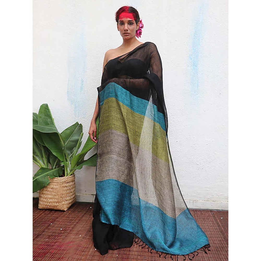 Chidiyaa Virupakshi Black Handwoven Linen Saree with Unstitched Blouse - Kaali