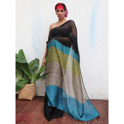 Chidiyaa Virupakshi Black Handwoven Linen Saree with Unstitched Blouse - Kaali