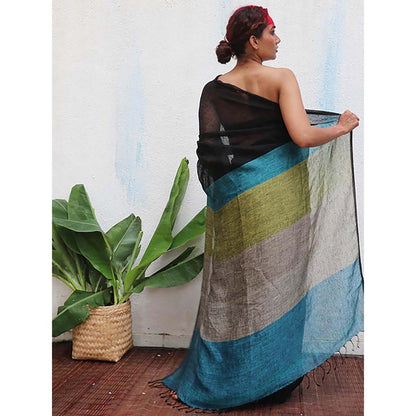 Chidiyaa Virupakshi Black Handwoven Linen Saree with Unstitched Blouse - Kaali