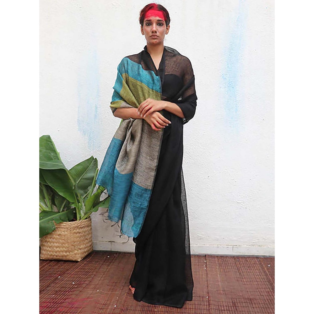 Chidiyaa Virupakshi Black Handwoven Linen Saree with Unstitched Blouse - Kaali