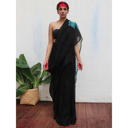 Chidiyaa Virupakshi Black Handwoven Linen Saree with Unstitched Blouse - Kaali