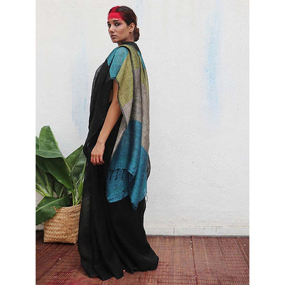 Chidiyaa Virupakshi Black Handwoven Linen Saree with Unstitched Blouse - Kaali