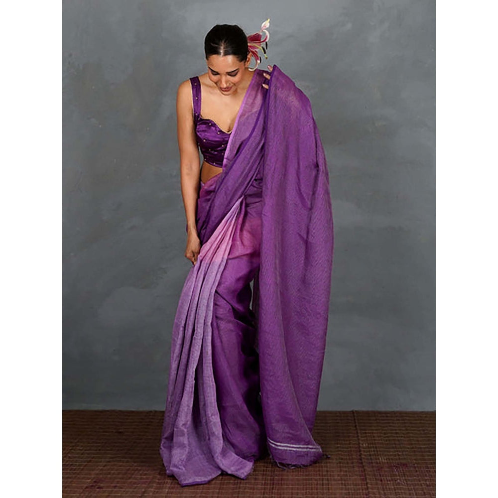 Chidiyaa Embrace Glow Purple Handwoven Linen Saree with Unstitched Blouse - Tara