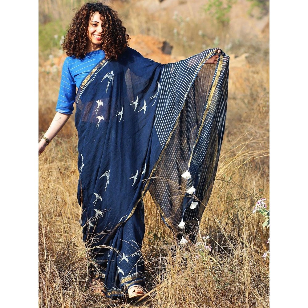 Chidiyaa Indigo Fly On Handwoven Linen Saree with Unstitched Blouse