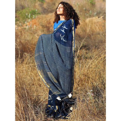 Chidiyaa Indigo Fly On Handwoven Linen Saree with Unstitched Blouse