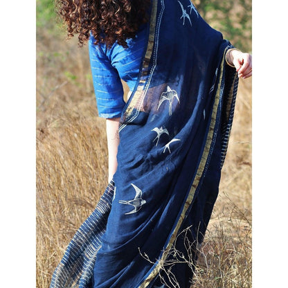 Chidiyaa Indigo Fly On Handwoven Linen Saree with Unstitched Blouse