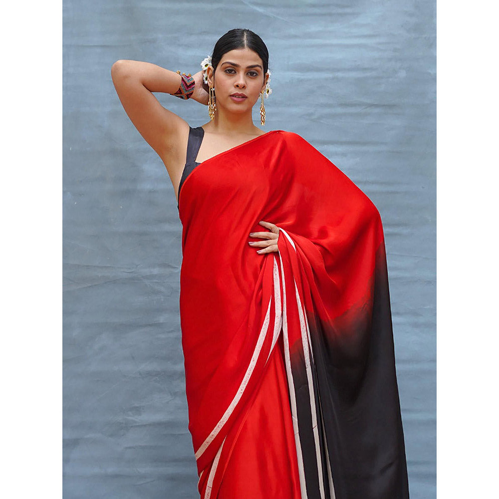 Chidiyaa Soft Drift Red Handblock Print Modal Silk Saree with Unstitched Blouse