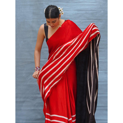 Chidiyaa Soft Drift Red Handblock Print Modal Silk Saree with Unstitched Blouse