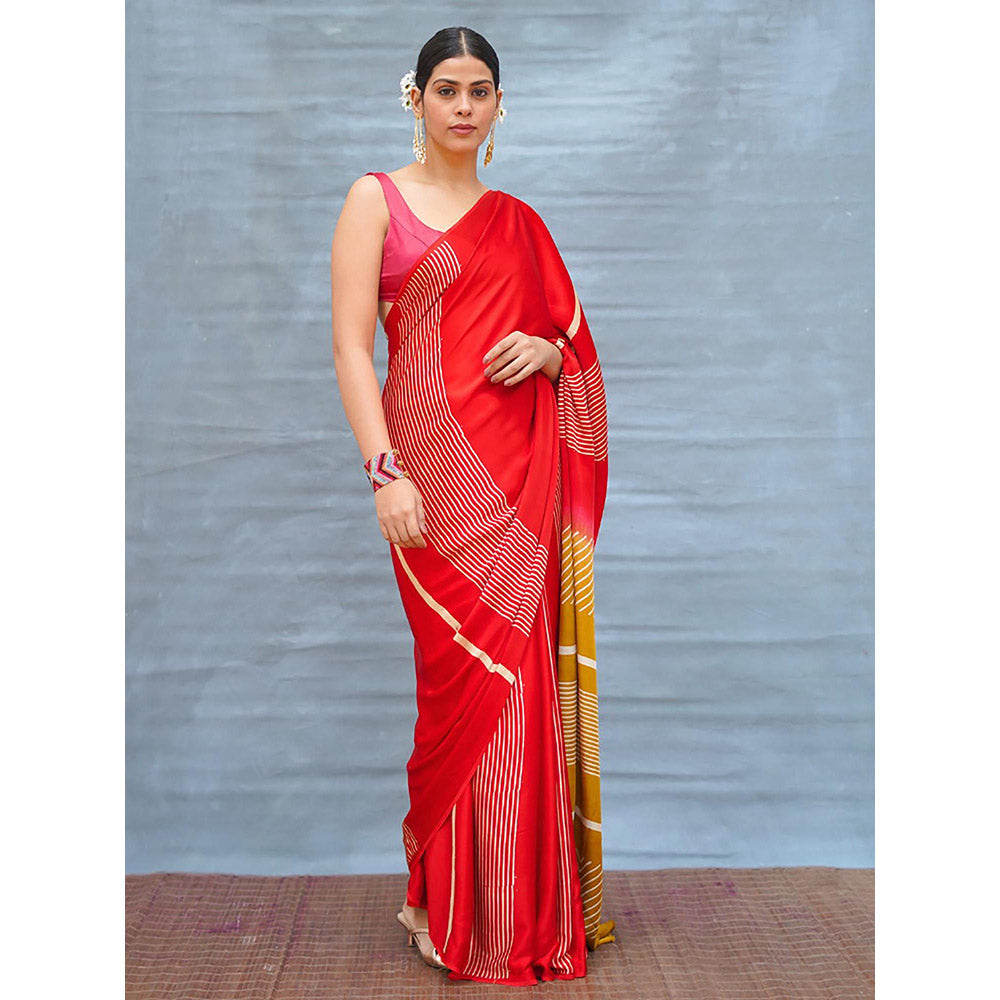 Chidiyaa Gentle Fall Red Handblock Print Modal Silk Saree with Unstitched Blouse