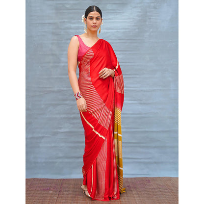 Chidiyaa Gentle Fall Red Handblock Print Modal Silk Saree with Unstitched Blouse