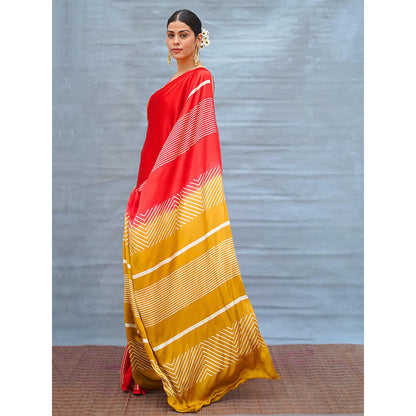 Chidiyaa Gentle Fall Red Handblock Print Modal Silk Saree with Unstitched Blouse