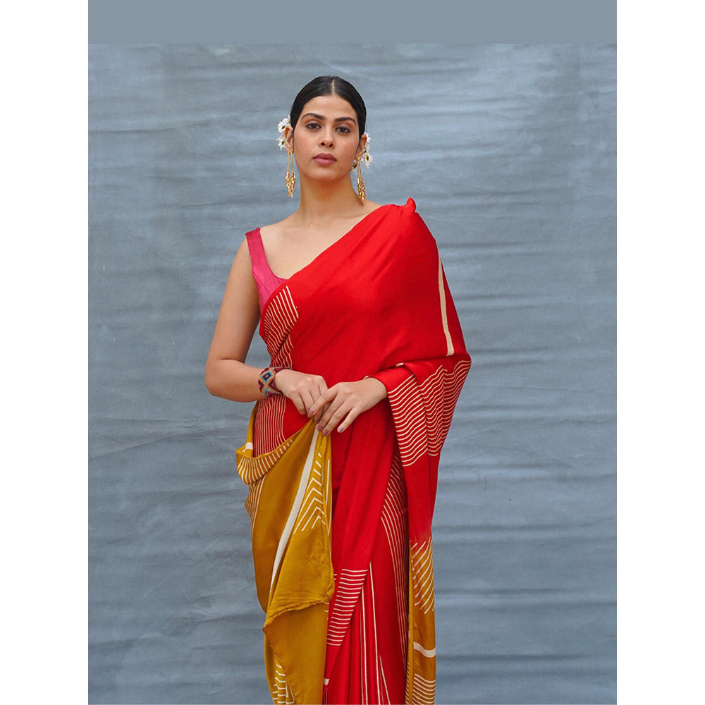 Chidiyaa Gentle Fall Red Handblock Print Modal Silk Saree with Unstitched Blouse