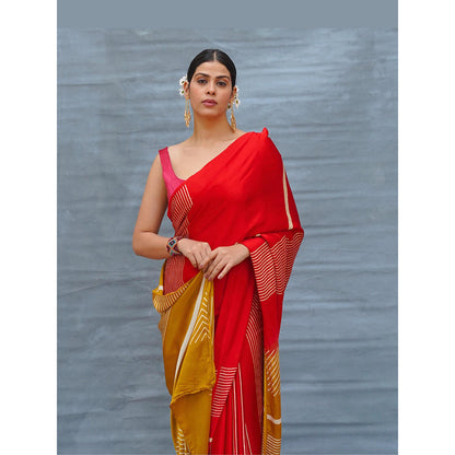 Chidiyaa Gentle Fall Red Handblock Print Modal Silk Saree with Unstitched Blouse