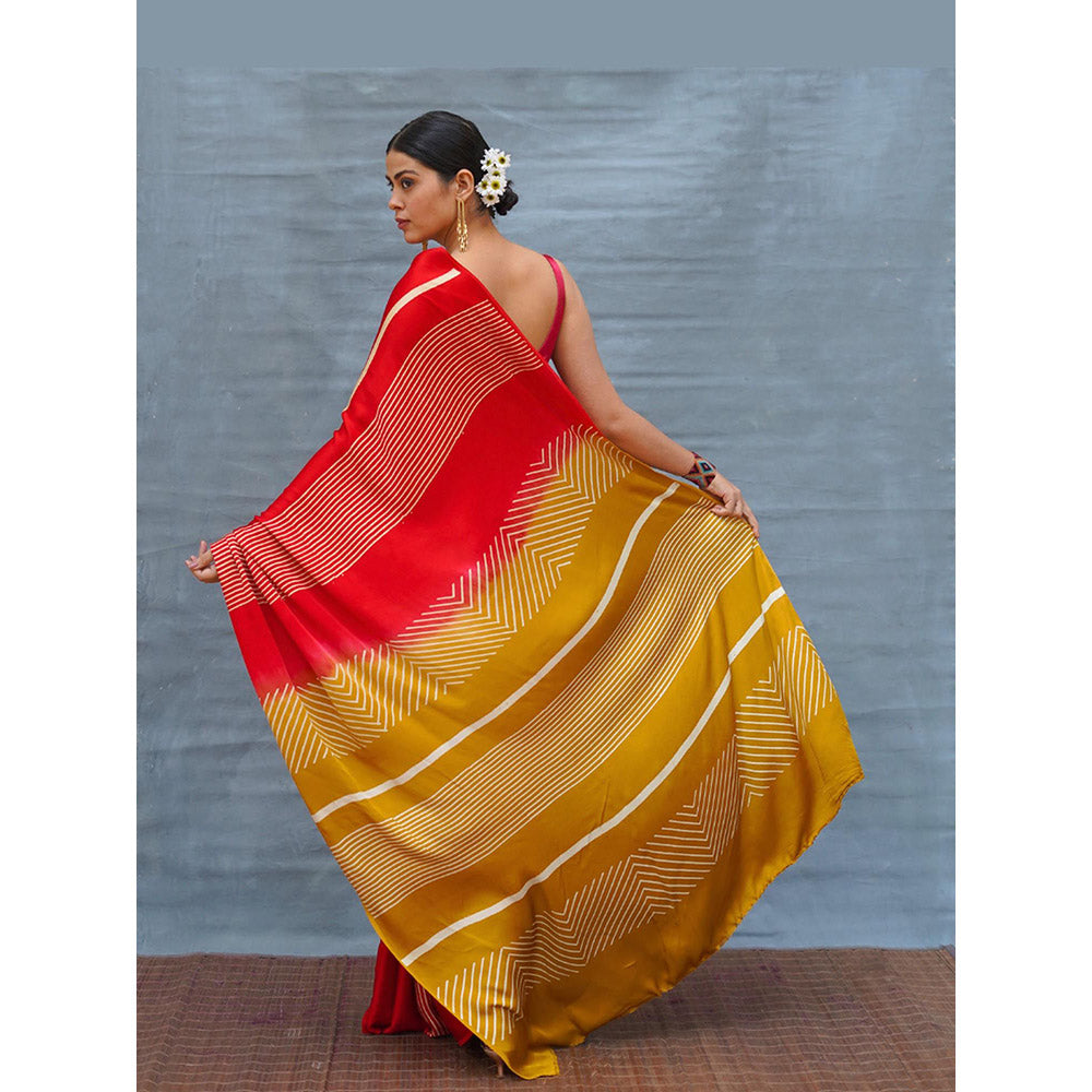 Chidiyaa Gentle Fall Red Handblock Print Modal Silk Saree with Unstitched Blouse