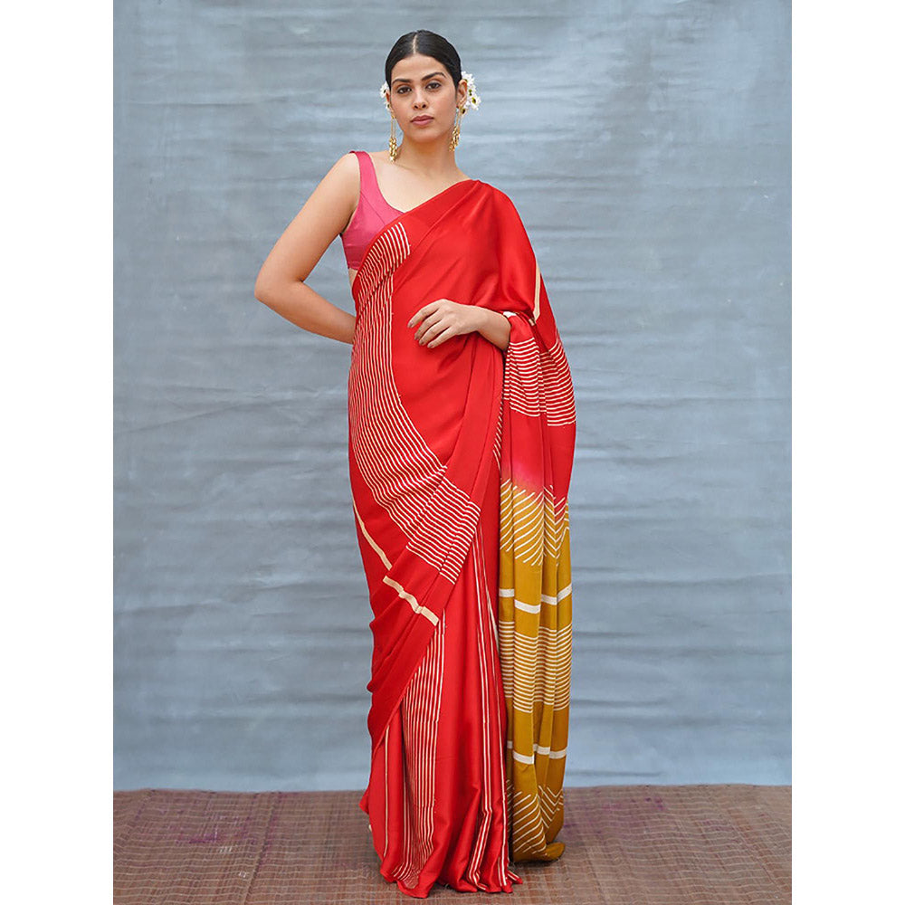 Chidiyaa Gentle Fall Red Handblock Print Modal Silk Saree with Unstitched Blouse