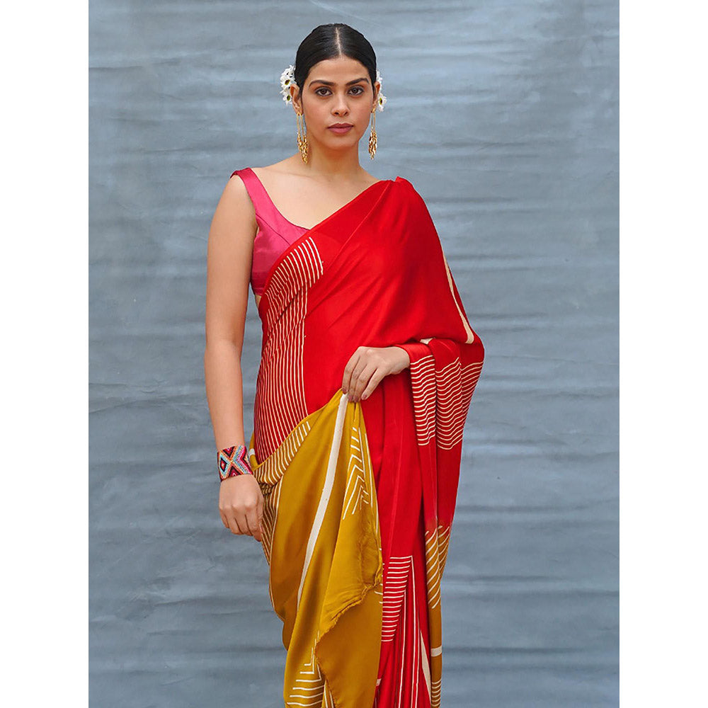 Chidiyaa Gentle Fall Red Handblock Print Modal Silk Saree with Unstitched Blouse