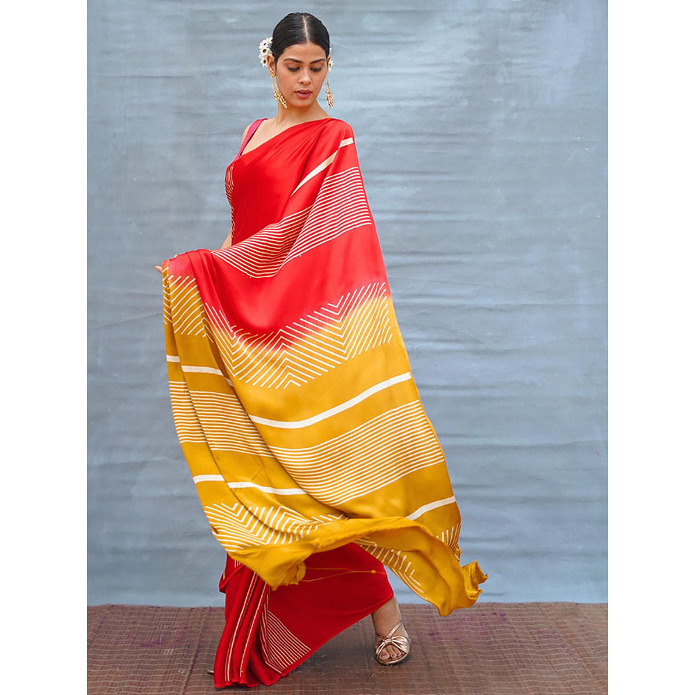Chidiyaa Gentle Fall Red Handblock Print Modal Silk Saree with Unstitched Blouse