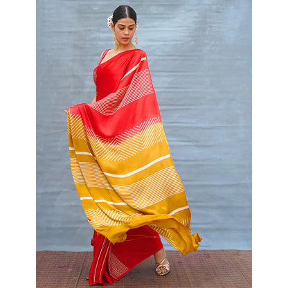 Chidiyaa Gentle Fall Red Handblock Print Modal Silk Saree with Unstitched Blouse