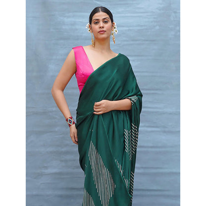 Chidiyaa Easy Flow Green Handblock Print Modal Silk Saree with Unstitched Blouse