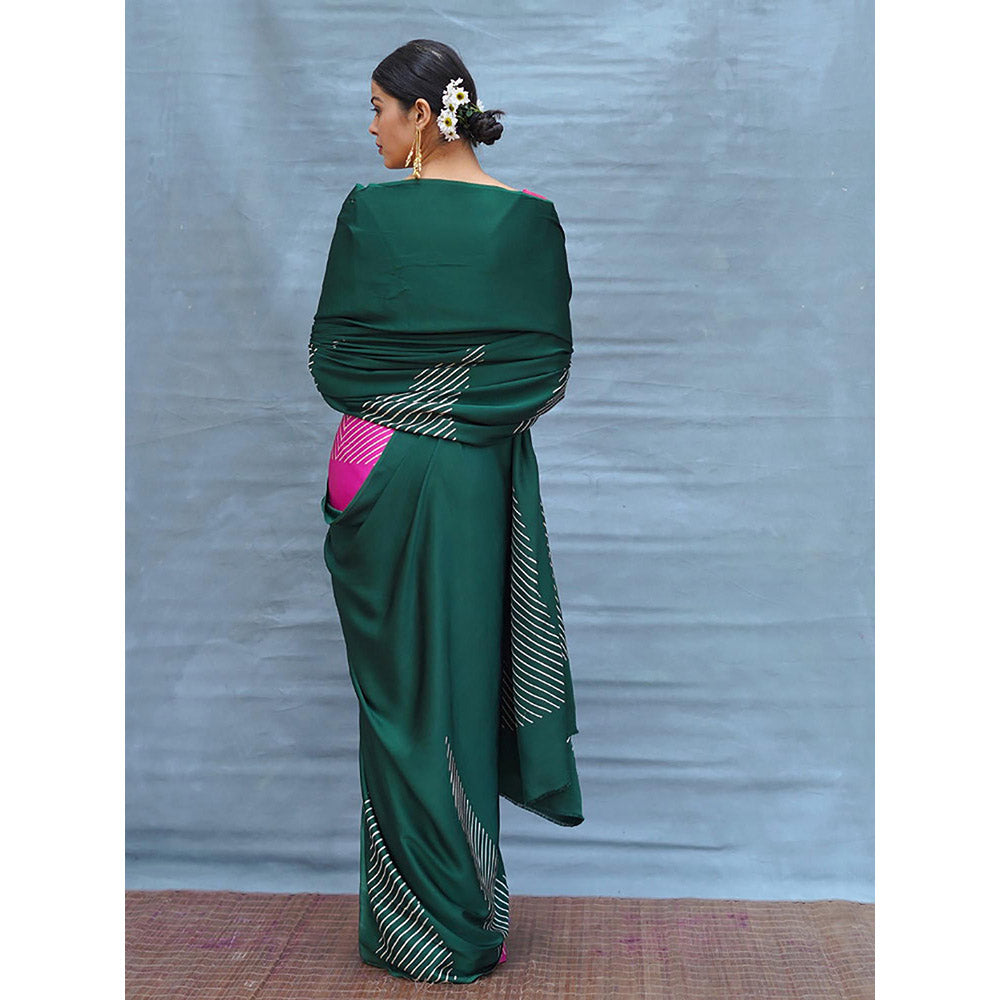 Chidiyaa Easy Flow Green Handblock Print Modal Silk Saree with Unstitched Blouse