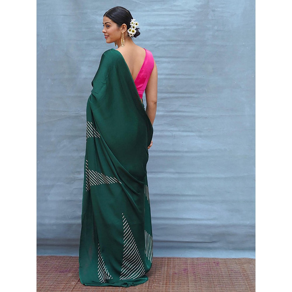 Chidiyaa Easy Flow Green Handblock Print Modal Silk Saree with Unstitched Blouse