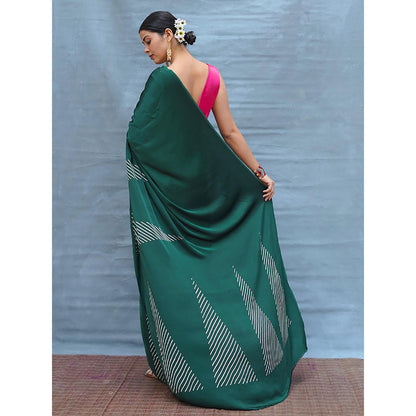 Chidiyaa Easy Flow Green Handblock Print Modal Silk Saree with Unstitched Blouse