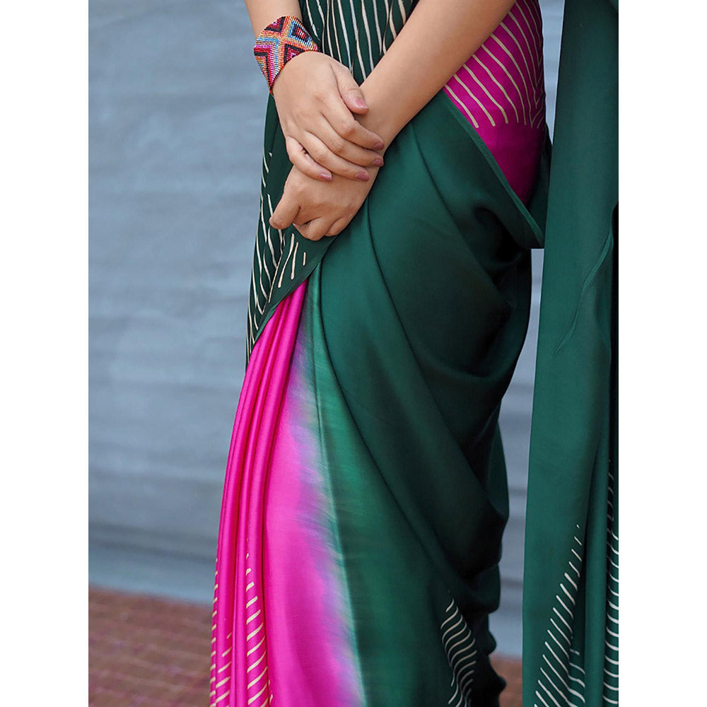 Chidiyaa Easy Flow Green Handblock Print Modal Silk Saree with Unstitched Blouse